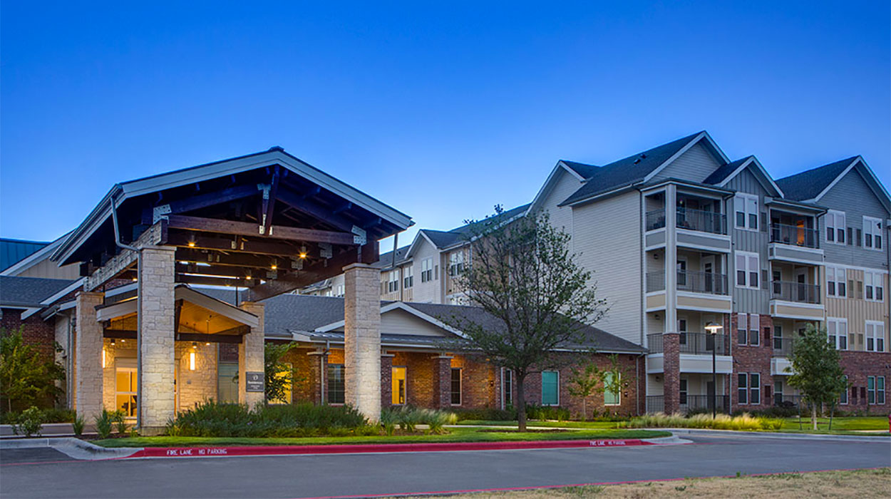 Exterior view of The Delaney at Lake Waco senior living