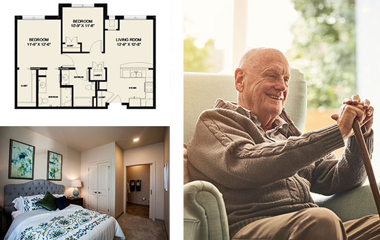 Floor plan with a living room and two bedrooms alongside cozy bedroom and smiling resident.