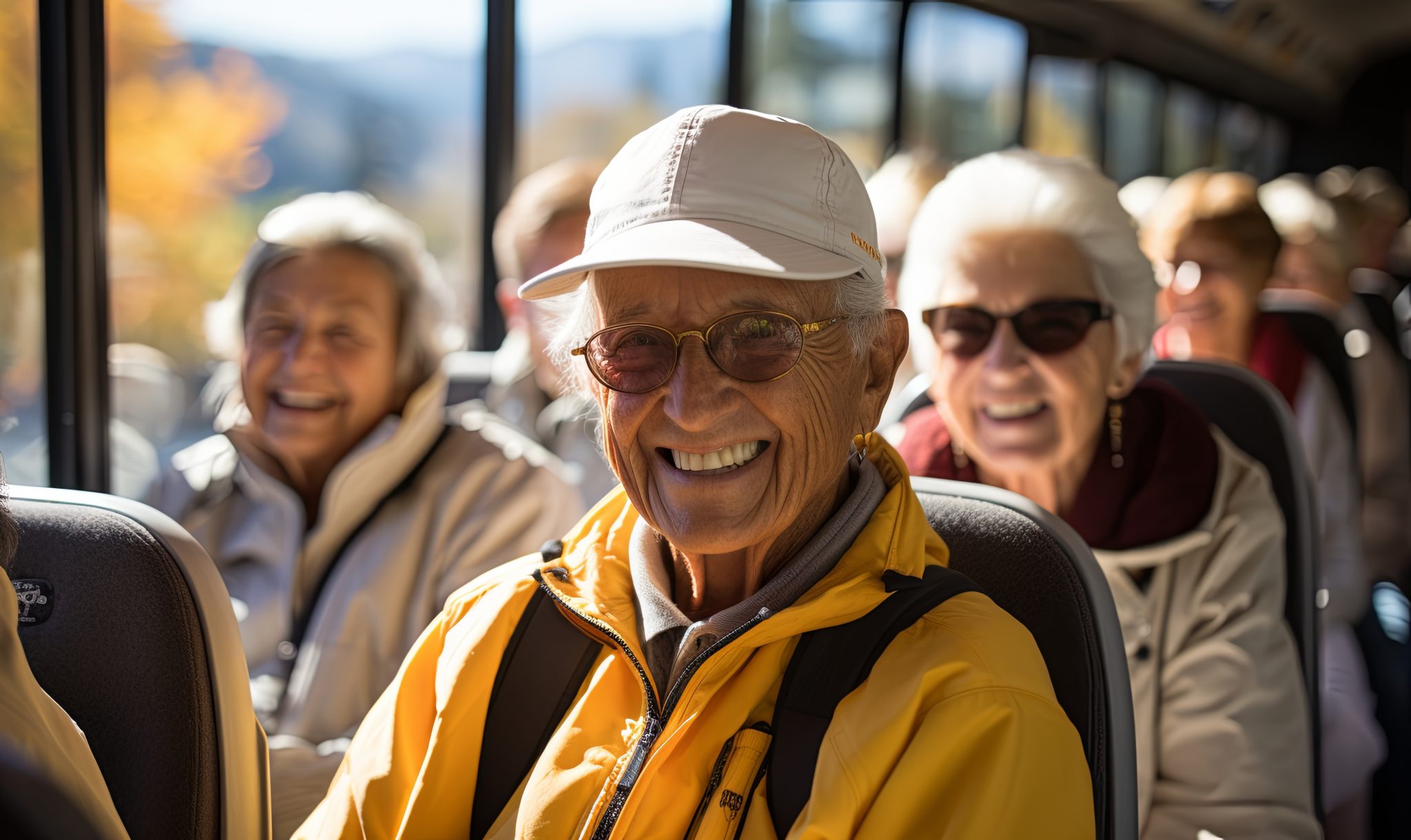 Smiling elderly group enjoying a bus ride on a sunny day, showcasing fun and camaraderie.